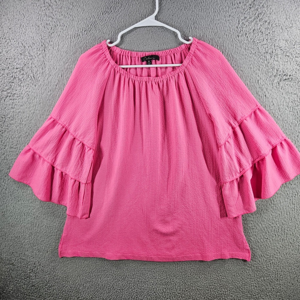 Calessa Womens Pink Textured Ruffle Bell Sleeve Blouse Top Size M Boho‎ Crepe